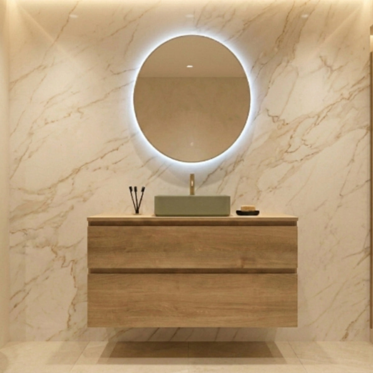 Mueble baño 120 cm Carmen 2 cajones, color madera, lavabo sobre encimera KOLORES verde. Avila Dos, Errefe Home