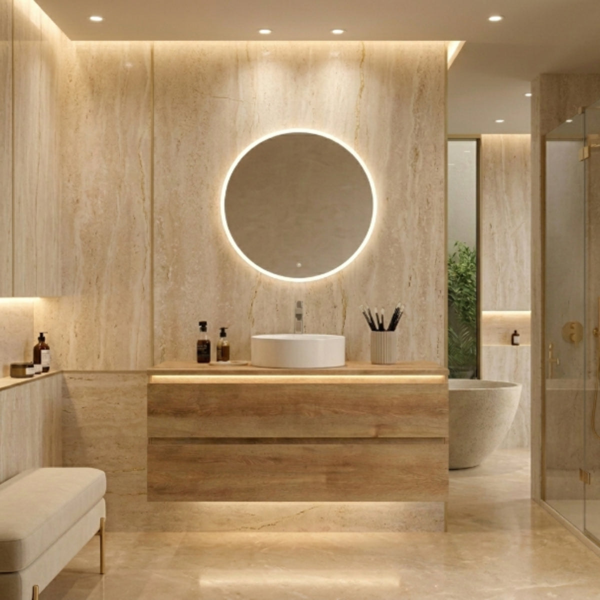 Mueble de baño 120 cm 2 cajones suspendidos colección Carmen madera, con lavabo circular Blanco sobre encimera. Avila Dos  – Errefe Home