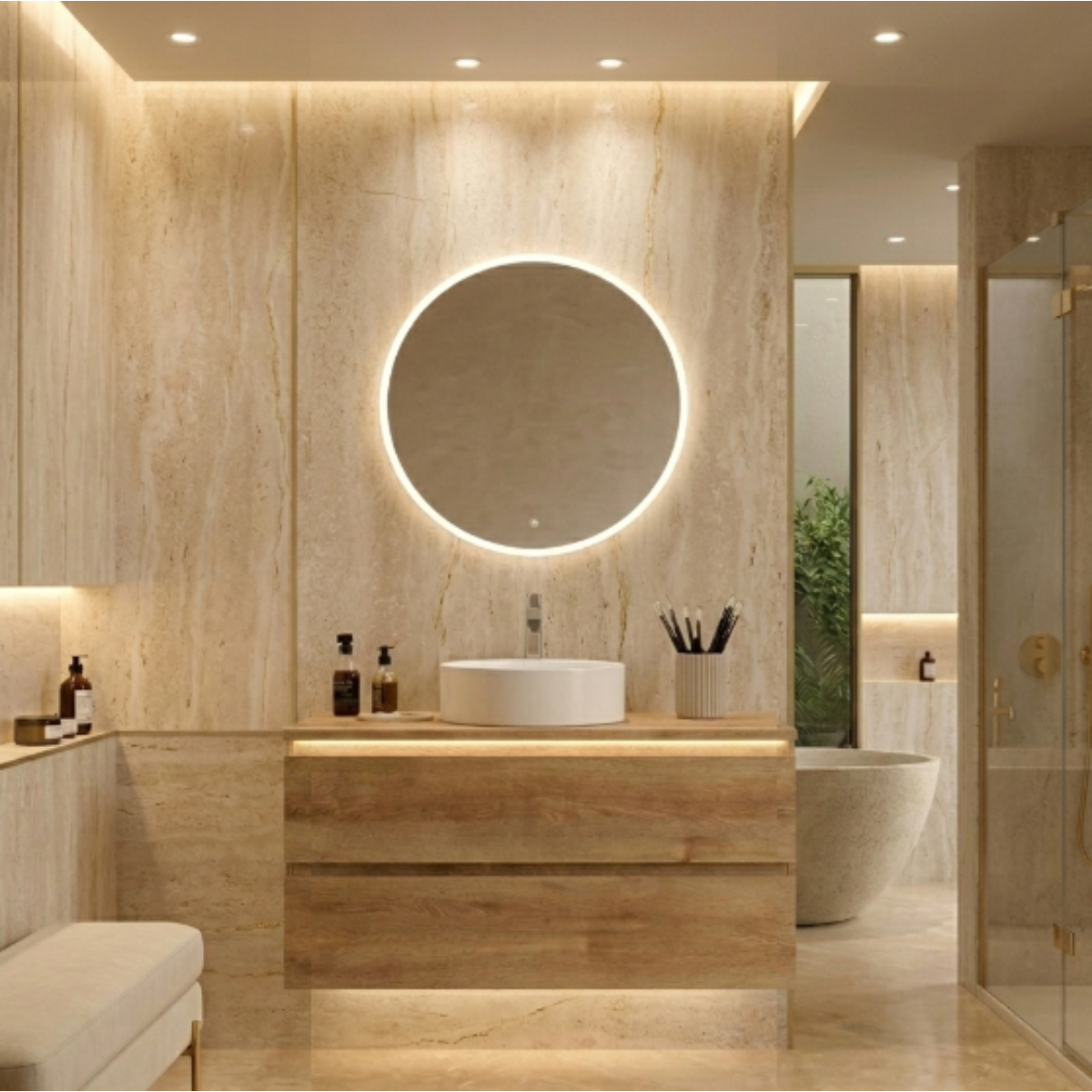 Mueble de baño 120 cm 2 cajones suspendidos colección Carmen madera, con lavabo circular Blanco sobre encimera. Avila Dos  – Errefe Home