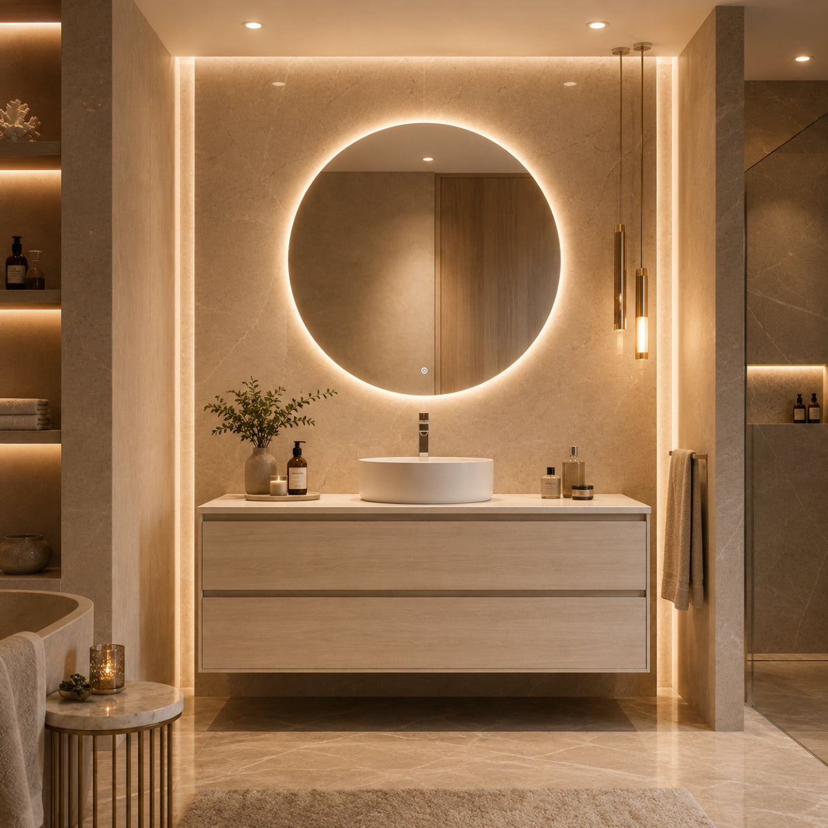 Mueble de baño de 120 cm colección Carmen lavabo circular blanco sobre encimera, 1 seno, 2 cajones suspendidos – Errefe Home