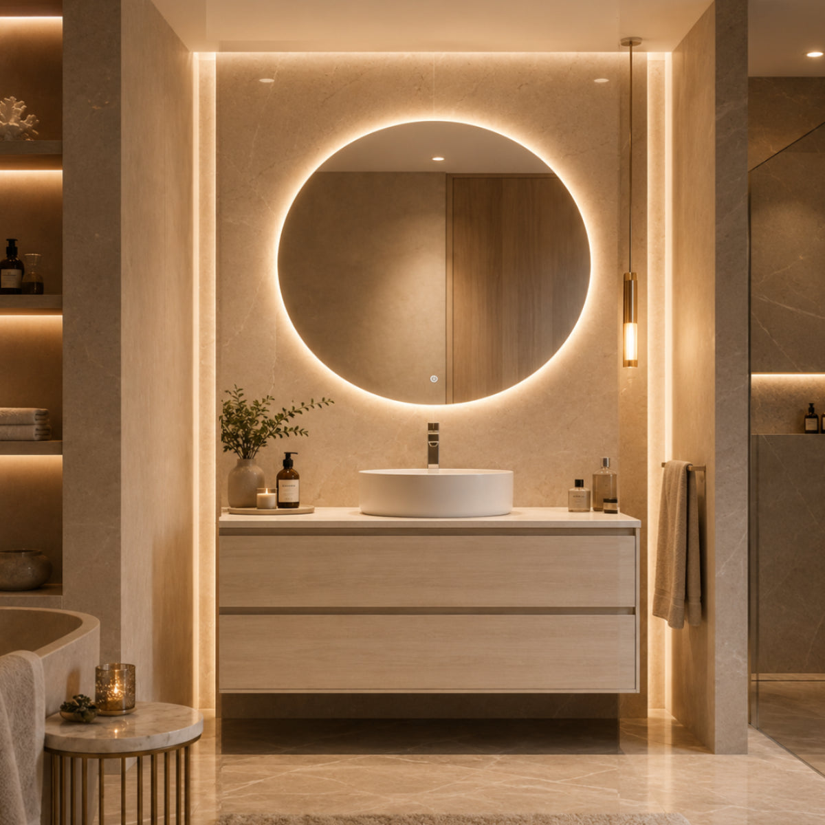 Mueble de baño de 120 cm colección Carmen lavabo circular blanco sobre encimera, 1 seno, 2 cajones suspendidos – Errefe Home