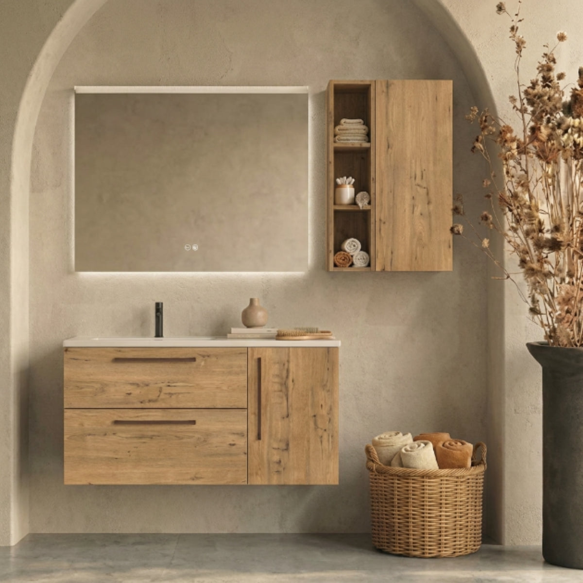 Mueble de baño suspendido 120 cm 2 cajones + 1 puerta, acabado madera 40. Lavabo integrado desplazado, tiradores Veta Oscuro. Avila Dos - Errefe Home