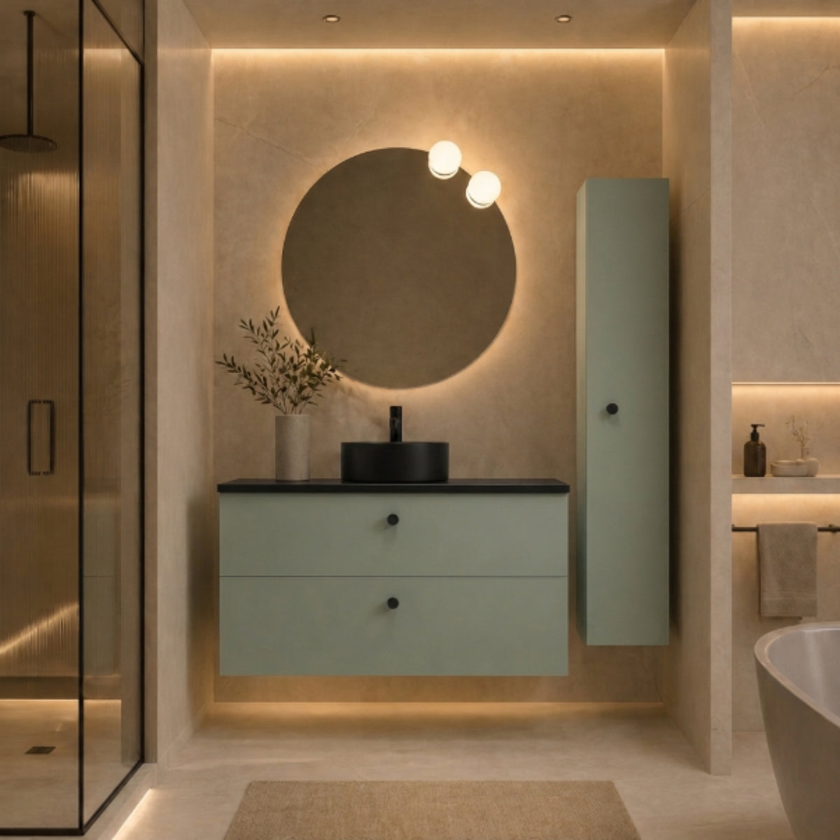 Mueble de baño Carmen 120 cm verde 2 cajones suspendidos con lavabo negro sobre encimera Avila Dos Errefe Home