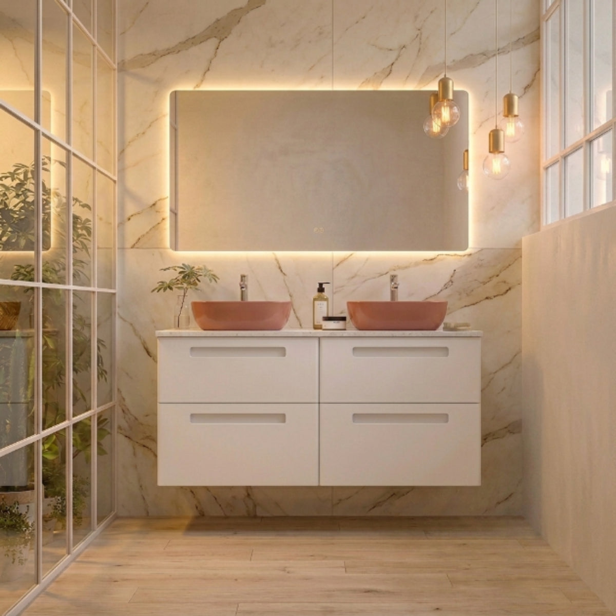 Mueble de baño 120 cm Paris color blanco claro 4 cajones suspendidos con lavabo color Koral y sobre encimera blanca Avila Dos Errefe Home