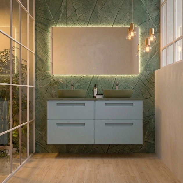Mueble de baño 120 cm Paris color azul claro 4 cajones suspendidos con lavabo color OLIVA y sobre encimera OLIVA Avila Dos Errefe Home