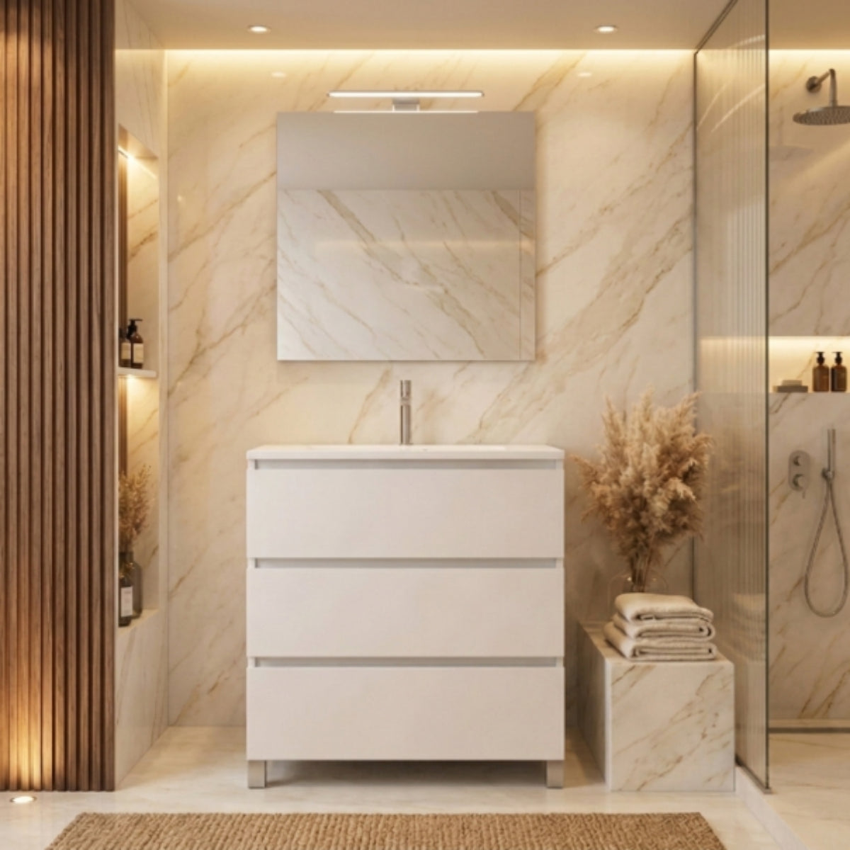 Mueble de baño de 120 cm Carmen COLOR blanco, 3 cajones con patas, lavabo integrado Avila Dos - Errefe Home