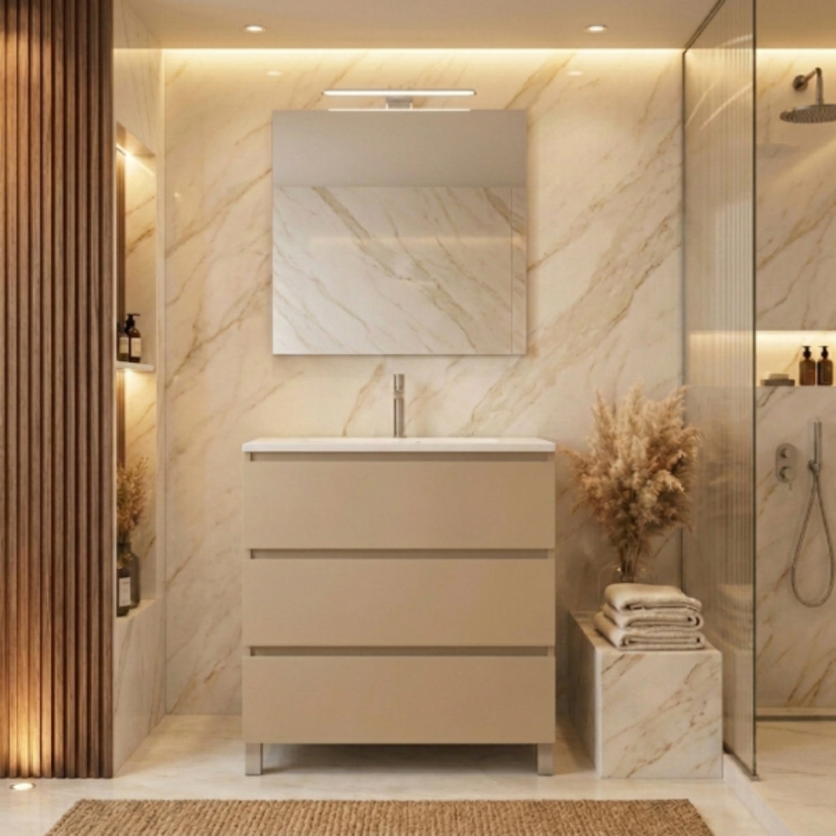 Mueble de baño de 120 cm Carmen COLOR cashemire, 3 cajones con patas, lavabo integrado Avila Dos - Errefe Home