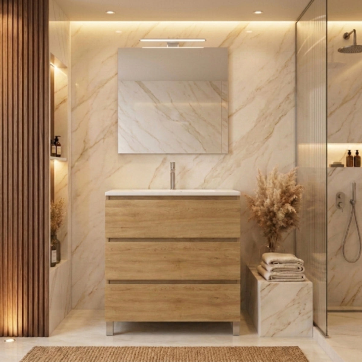Mueble de baño de 120 cm Carmen COLOR Madera Nº 18, 3 cajones con patas, lavabo integrado Avila Dos - Errefe Home