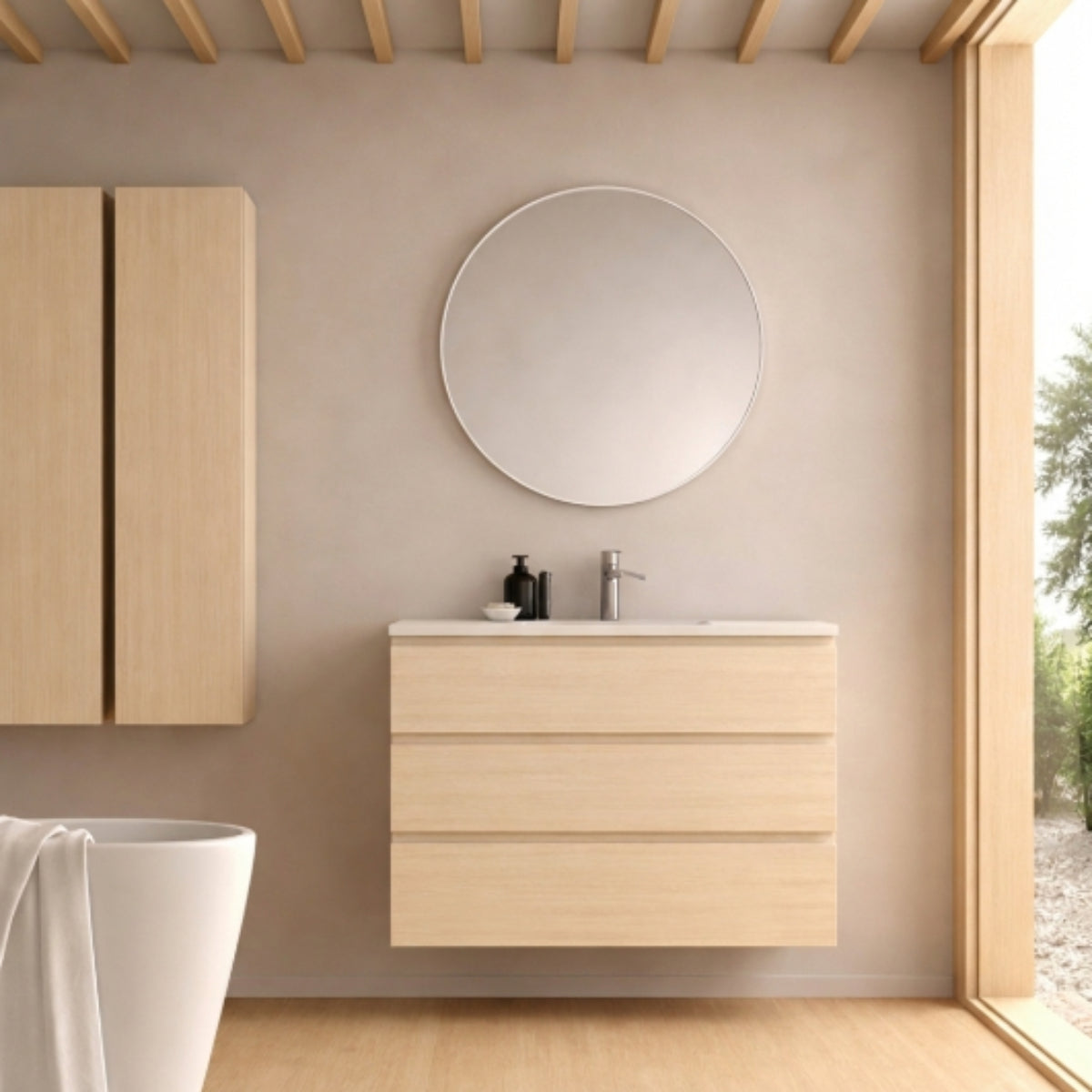 Mueble de baño 120 cm Carmen madera clara lavabo integral 3 cajones Avila Dos - Errefe Home