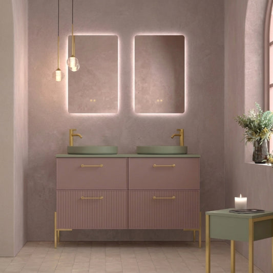 Mueble de baño 120 cm 4 cajones con patas LUNGO color Koral, 2 lavabos Sferik sobre encimera color Oliva Colección BLANCA. Avila Dos - Errefe Home 