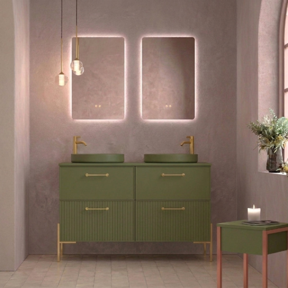 Mueble de baño 120 cm 4 cajones con patas LUNGO color oliva, 2 lavabos Sferik sobre encimera color Oliva Colección BLANCA. Avila Dos - Errefe Home 