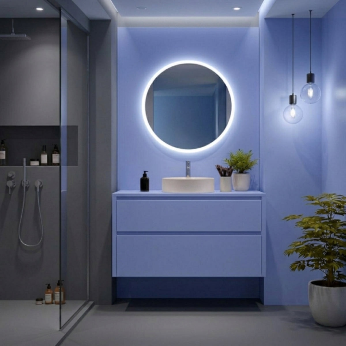 Mueble de baño 120 costado visto Carmen color azul con lavabo sobre encimera, 1 seno, 2 cajones suspendidos Avila Dos – Errefe Home