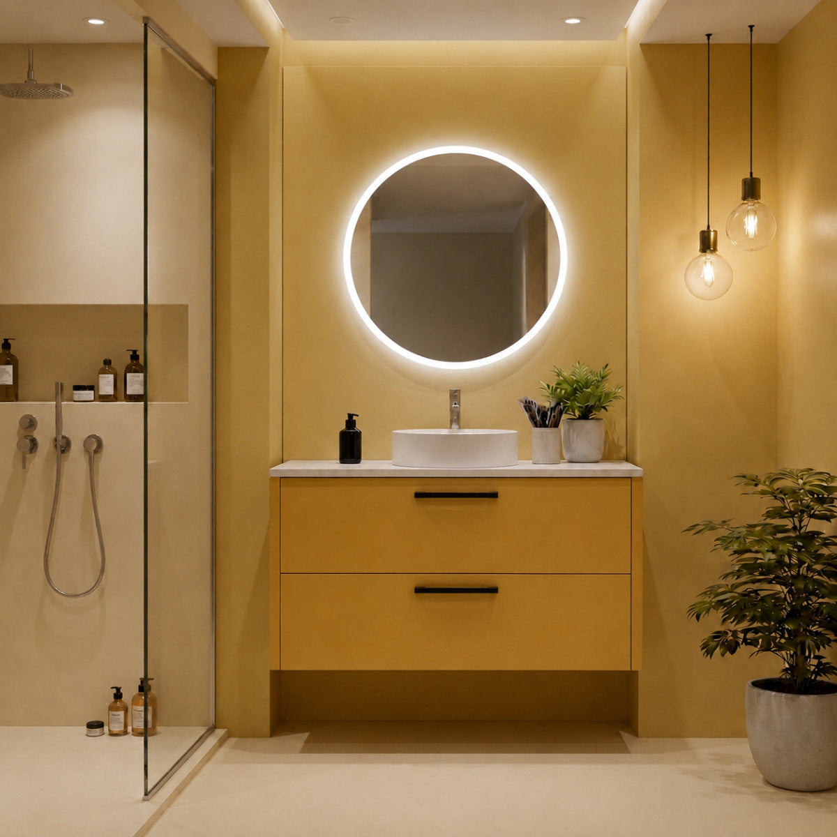 Muebles de baño 120 cm 2 cajones Costado visto, color mostaza suave. Lavabo sobre encimera blanco - Avila Dos - Errefe Home