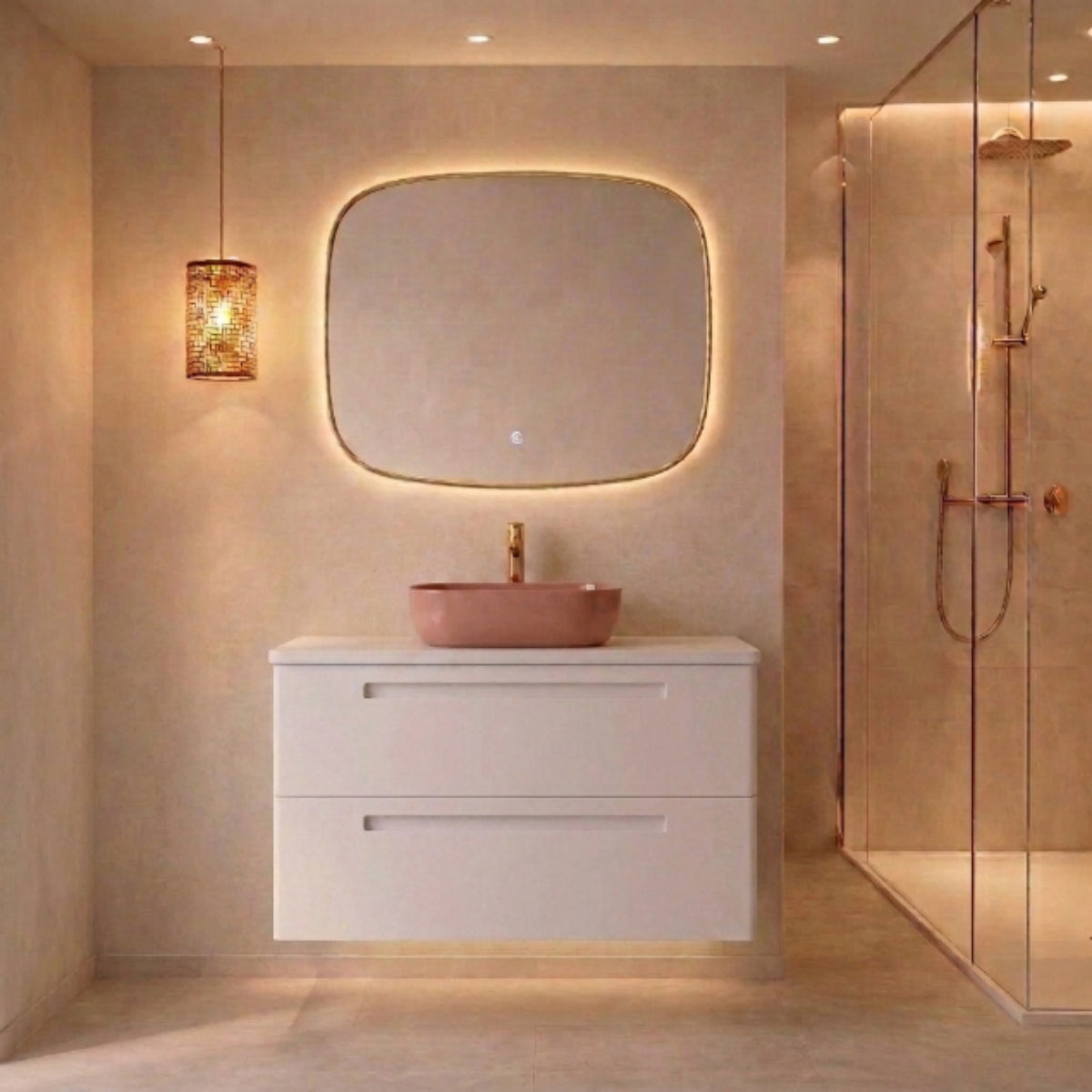 Mueble de baño 120 cm Paris color BLANCO 2 cajones suspendidos con lavabo color kORAL y sobre encimera blanca Avila Dos Errefe Home