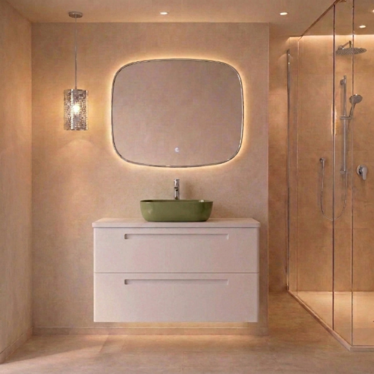Mueble de baño 120 cm Paris color BLANCO 2 cajones suspendidos con lavabo color Verde y sobre encimera blanca Avila Dos Errefe Home