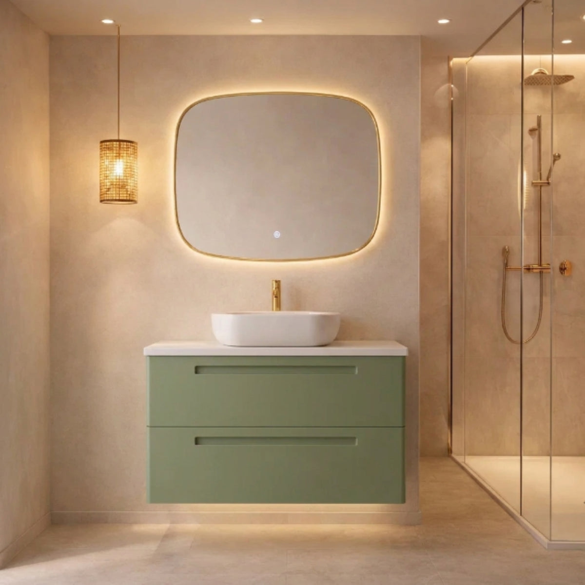 Mueble de baño 120 cm Paris color VERDE 2 cajones suspendidos con lavabo blanco sobre encimera blanca Avila Dos - Errefe Home