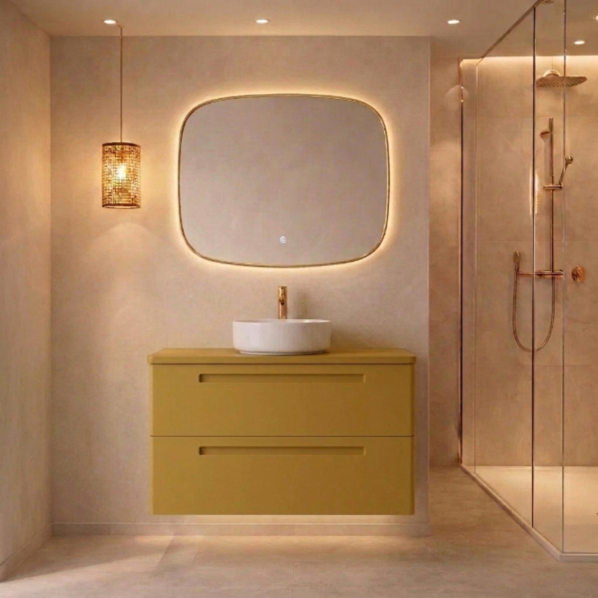 Mueble de baño 120 cm Paris color MOSTAZA 2 cajones suspendidos con lavabo blanco sobre encimera mostaza Avila Dos - Errefe Home