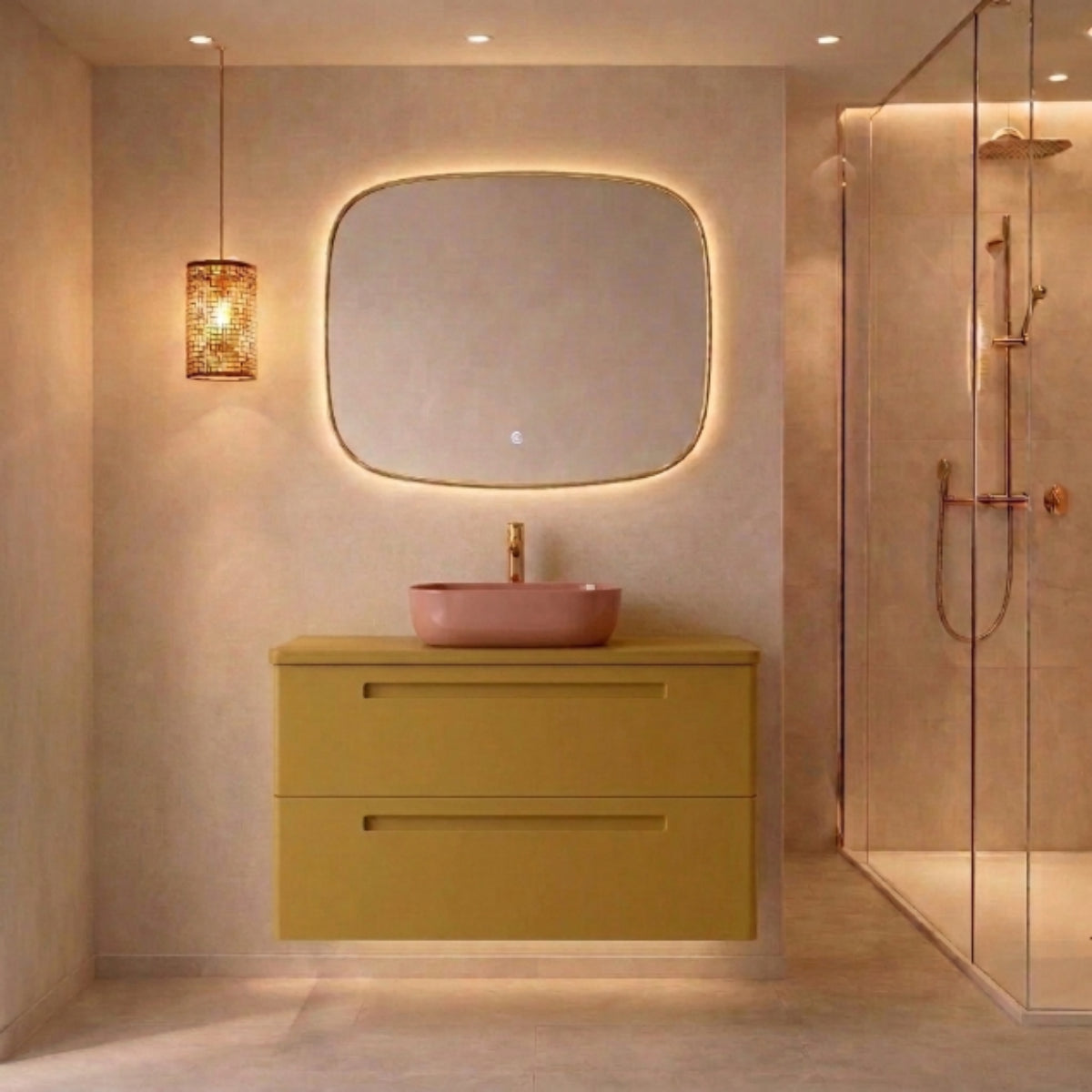 Mueble de baño 120 cm Paris color mostaza 2 cajones suspendidos con lavabo color Koral y sobre encimera mostaza Avila Dos Errefe Home