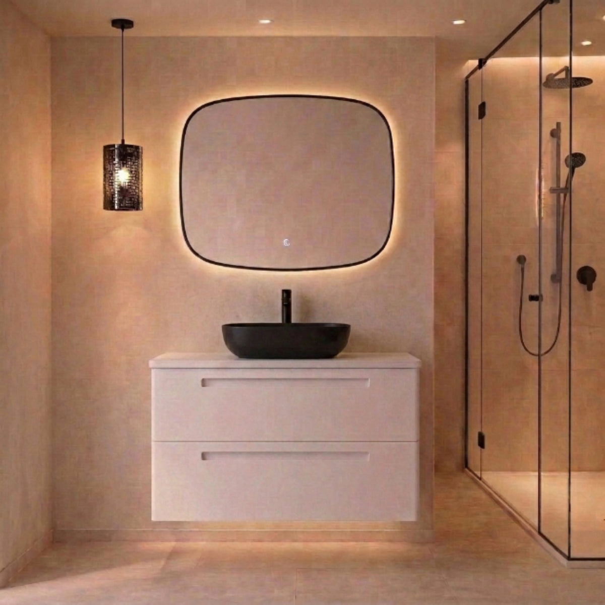 Mueble de baño 120 cm Paris color BLANCO 2 cajones suspendidos con lavabo KOLORES negro sobre encimera blanca Avila Dos Errefe Home