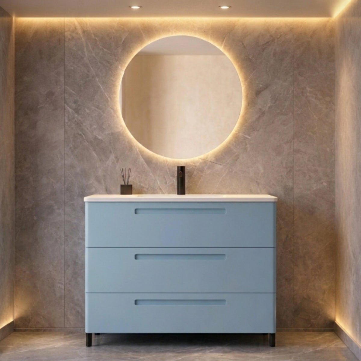 Mueble baño 120 cm 3 cajones, patas cubo. Color azul modelo París. Avila DOs - Errefe Home