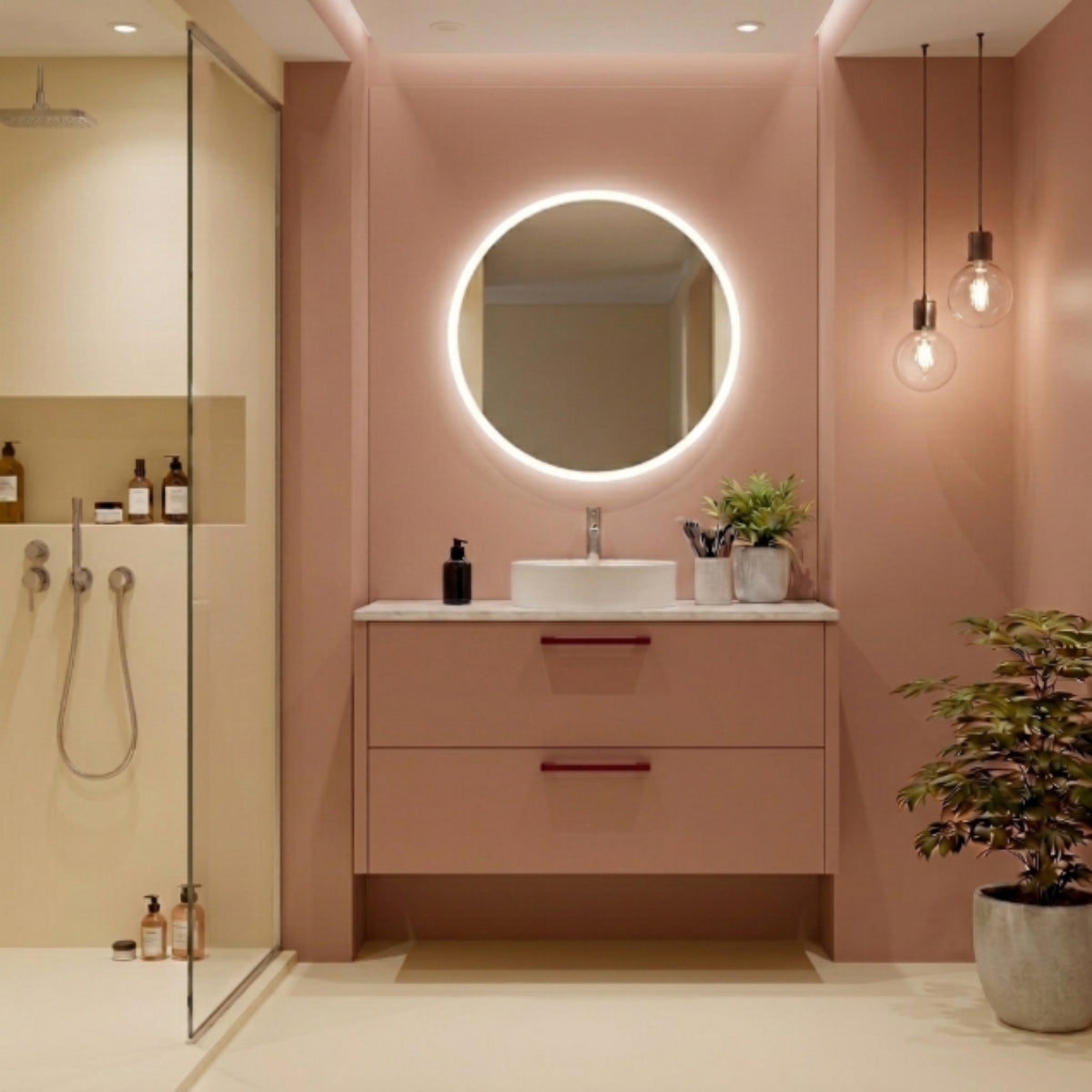 Muebles de baño 120 cm 2 cajones Costado visto, color rojo 251. Lavabo sobre encimera blanco - Avila Dos - Errefe Home