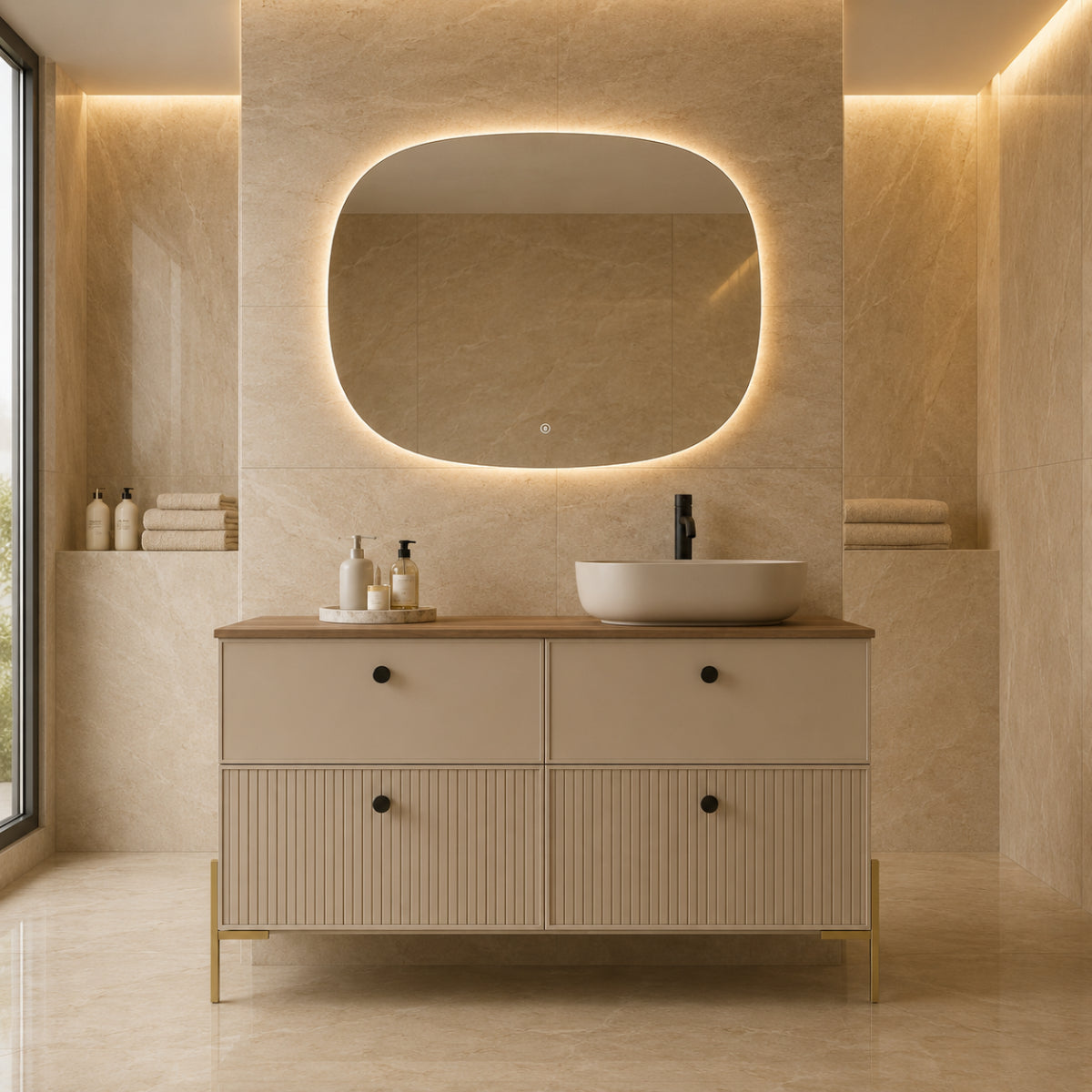 Mueble de baño 120 cm Avila Dos 4 cajones con patas LUNGO con lavabo sobre encimera 1 seno Colección Blanca color K-NUDE Errefe Home