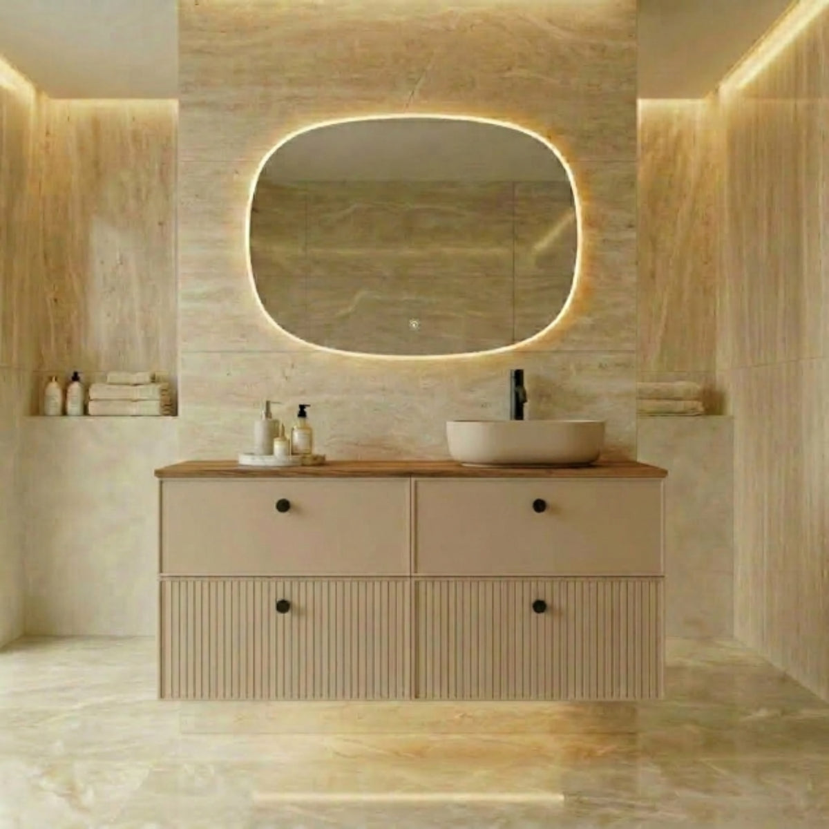 Mueble de baño 120 cm Avila Dos 4 cajones suspendidos con lavabo K-NUDE sobre encimera madera 1 seno Colección Blanca color CASHEMIRE Errefe Home