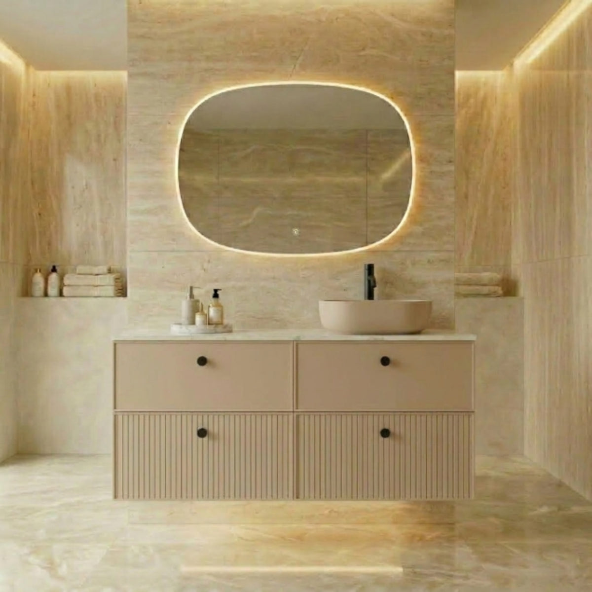 Mueble de baño 120 cm Avila Dos 4 cajones suspendidos con lavabo K-NUDE sobre encimera 1 seno Colección Blanca color CASHEMIRE Errefe Home