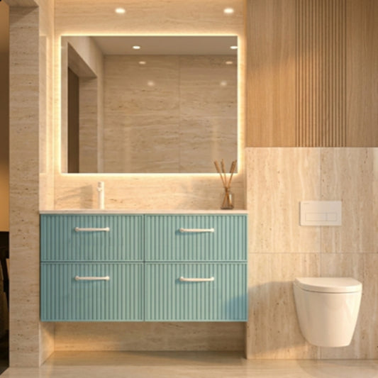 Mueble de baño 120 cm Avila Dos 4 cajones suspendidos con lavabo integrado de 1 seno Colección Blanca color azul claro Errefe Home