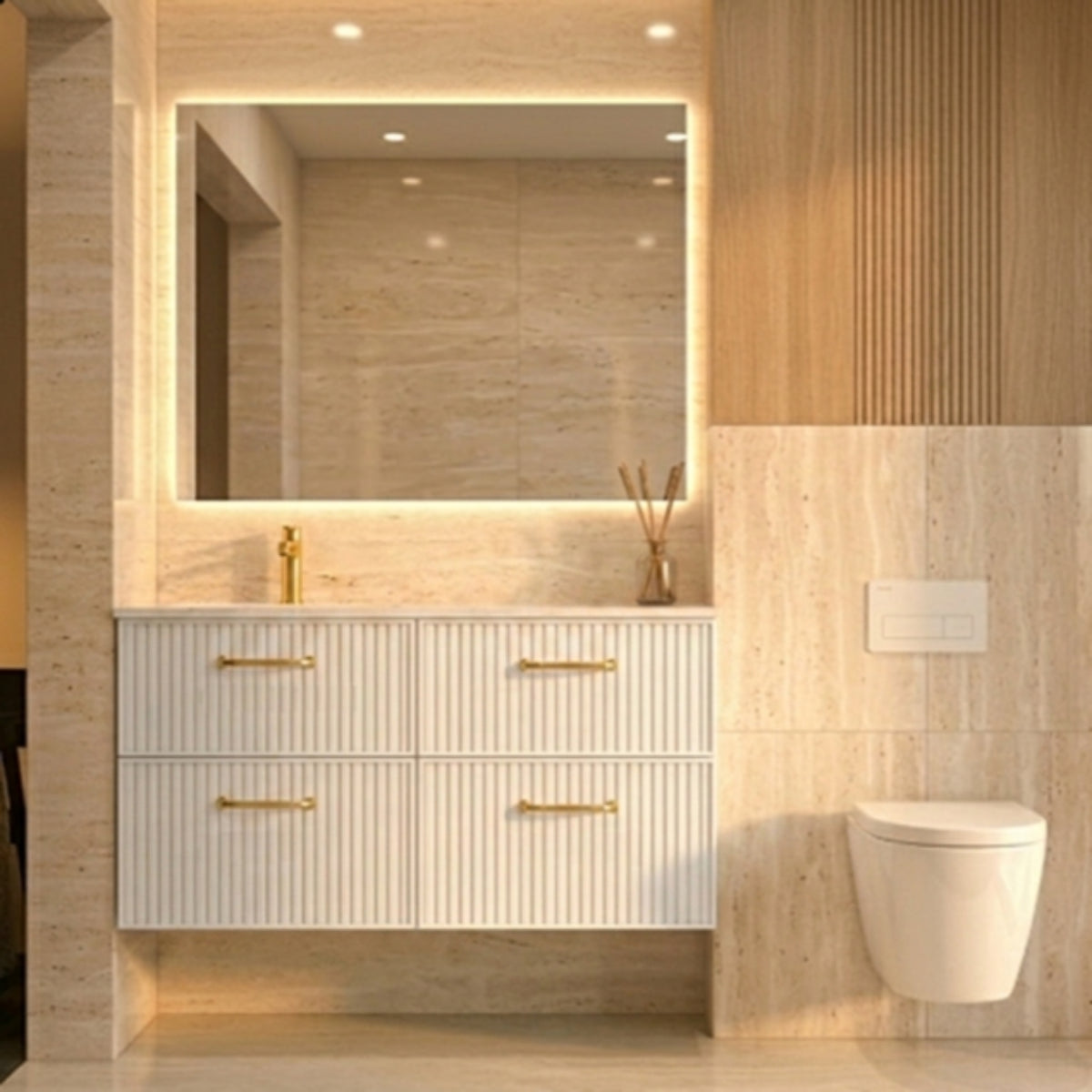Mueble de baño 120 cm Avila Dos 4 cajones suspendidos con lavabo integrado de 1 seno Colección Blanca color blanco tiradores dorados Errefe Home