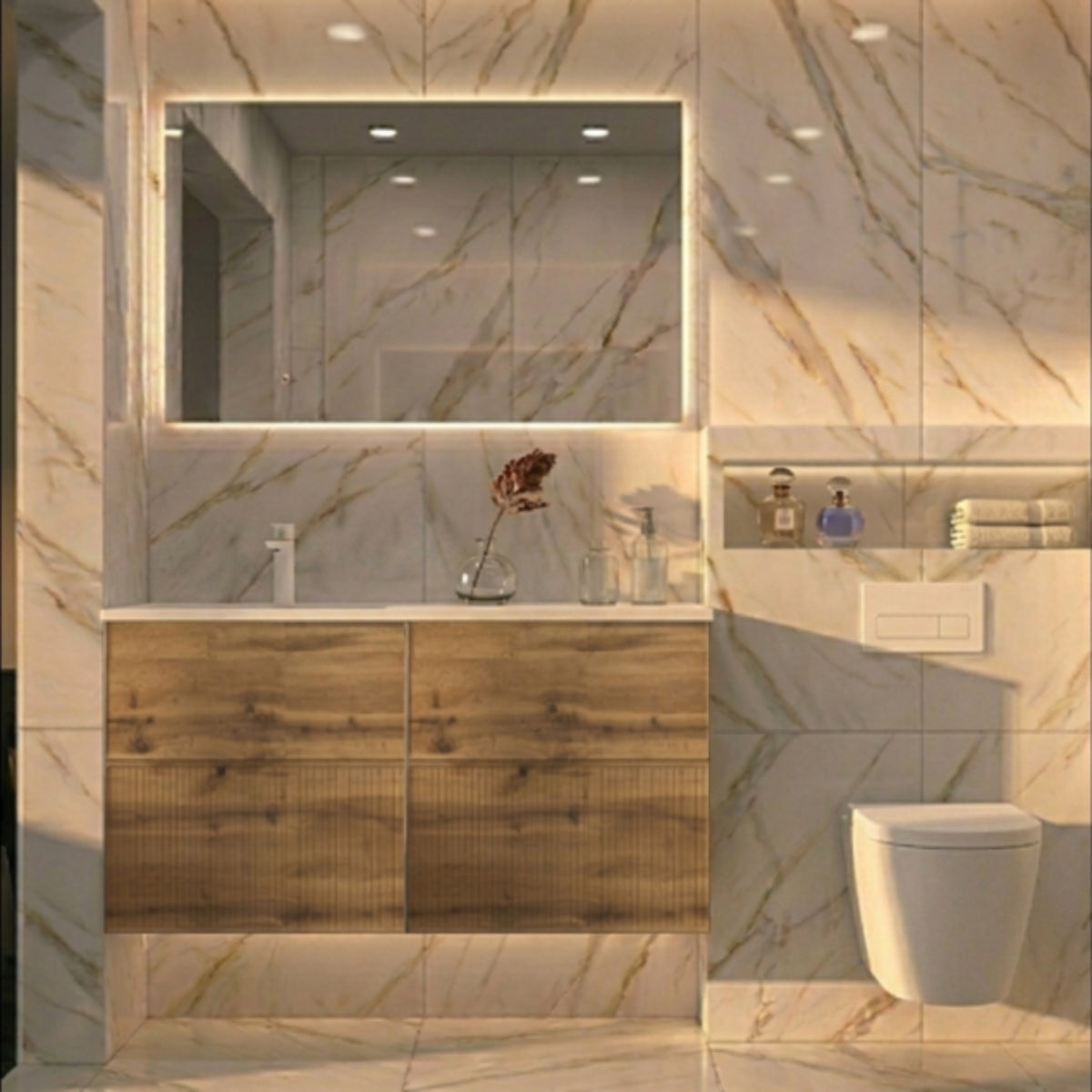 Mueble de baño 120 cm Avila Dos 4 cajones suspendidos con lavabo integrado de 1 seno Colección Blanca color madera Errefe Home