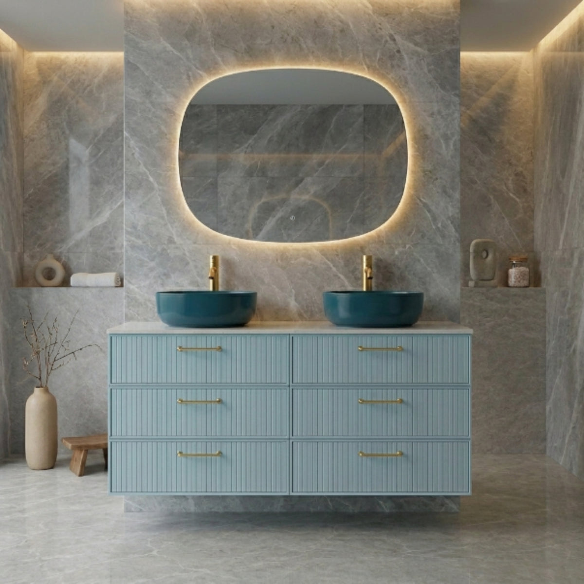Mueble de baño 120 cm Avila Dos 6 cajones suspendidos con lavabos azules sobre encimera 2 senos Colección Blanca color azul claro. Avila Dos - Errefe Home