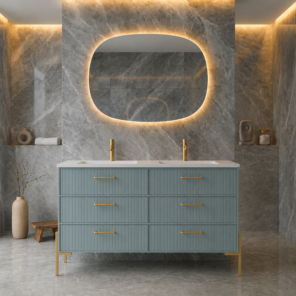 Mueble de baño 120 cm Avila Dos 6 cajones con Patas LUNGO con lavabo integrado de doble seno Colección Blanca color azul claro tiradores dorados Errefe Home