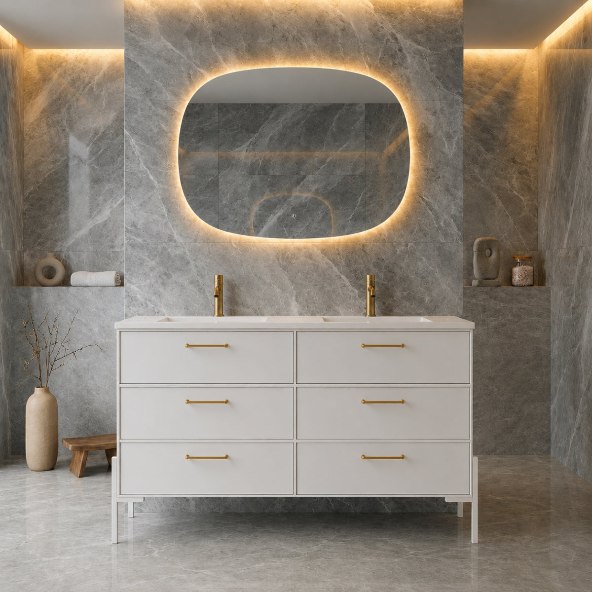 Mueble de baño 120 cm Avila Dos 6 cajones con Patas LUNGO con lavabo integrado de doble seno Colección Blanca color blanco tiradores dorados Errefe Home