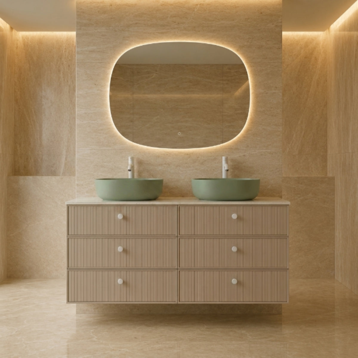 Mueble de baño 120 cm Avila Dos 6 cajones suspendidos con lavabos verdes sobre encimera 2 senos Colección Blanca color cashemire. Avila Dos - Errefe Home