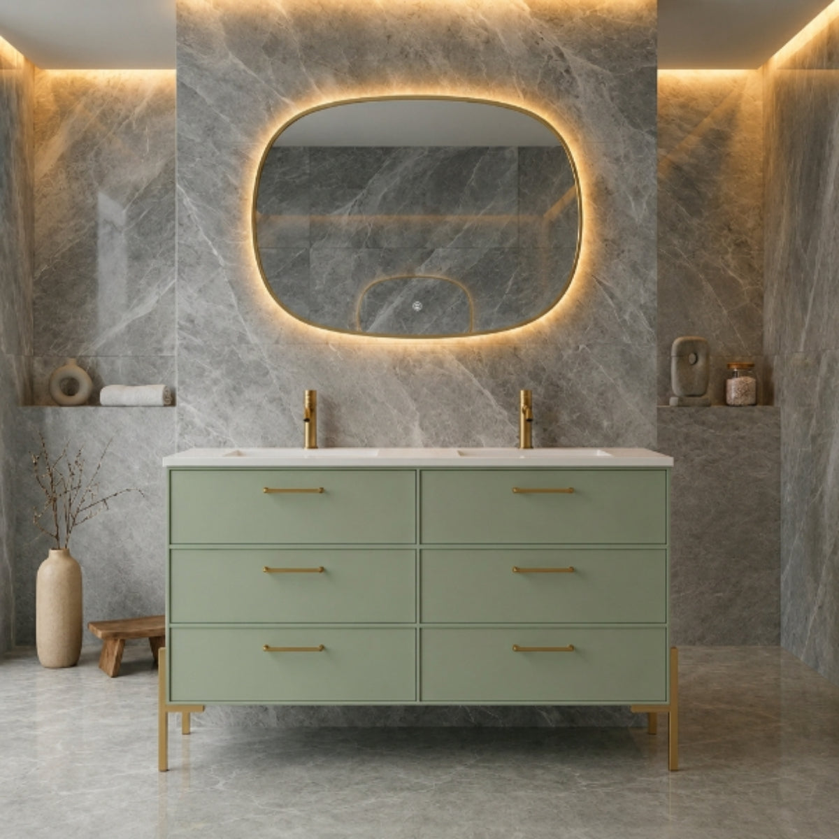Mueble de baño 120 cm Avila Dos 6 cajones con Patas LUNGO con lavabo integrado de doble seno Colección Blanca color verde tiradores dorados Errefe Home