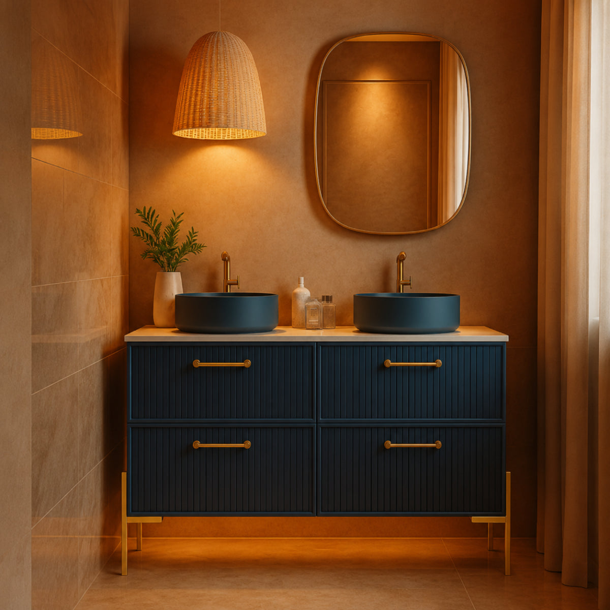 Mueble de baño 120 cm 4 cajones color Azul, 2 lavabos sobre encimera color azul , Pata Lungo doradas. Colección BLANCA. Avila Dos - Errefe Home 