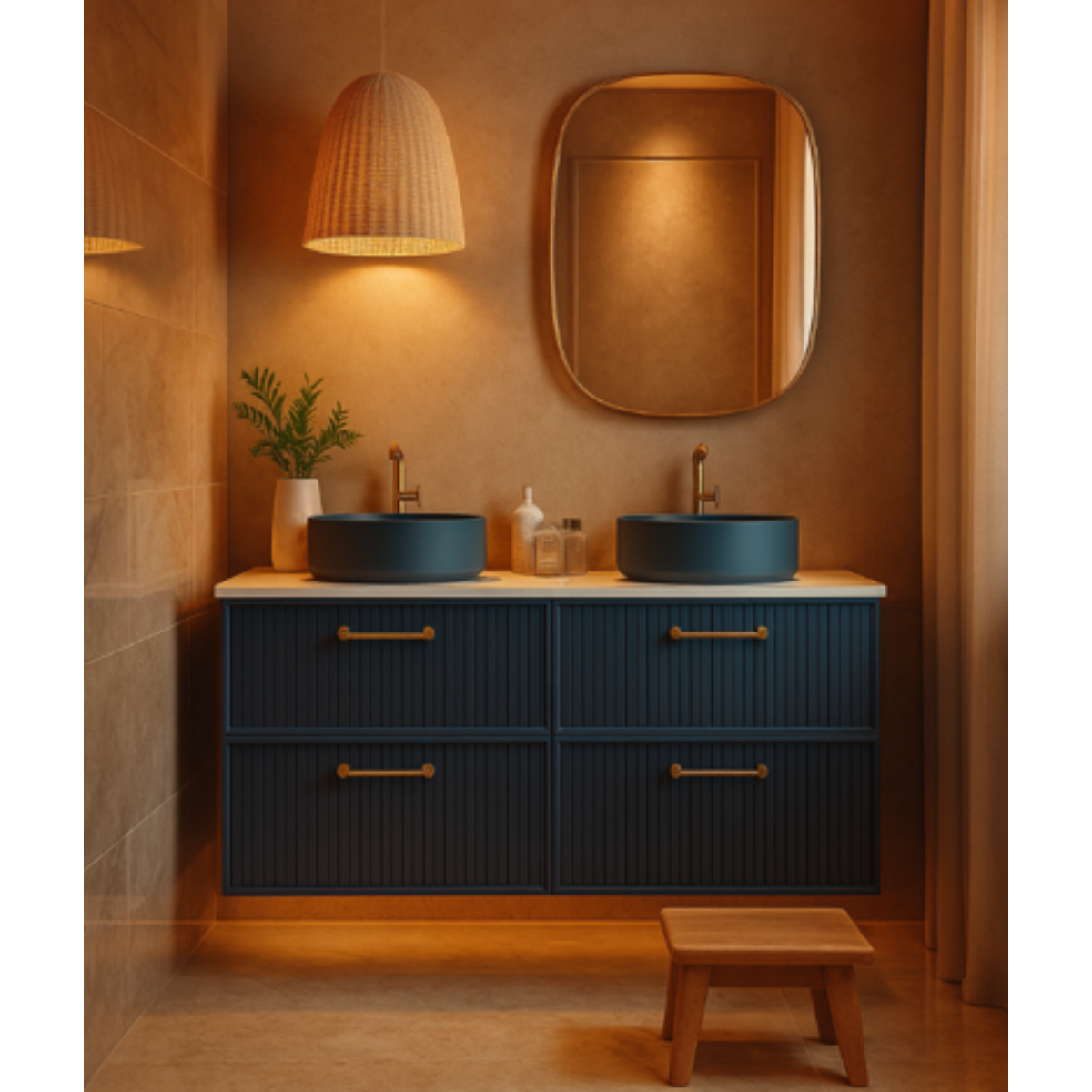 Mueble de baño 120 cm 4 cajones color Azul, 2 lavabos sobre encimera color azul Colección BLANCA. Avila Dos - Errefe Home 