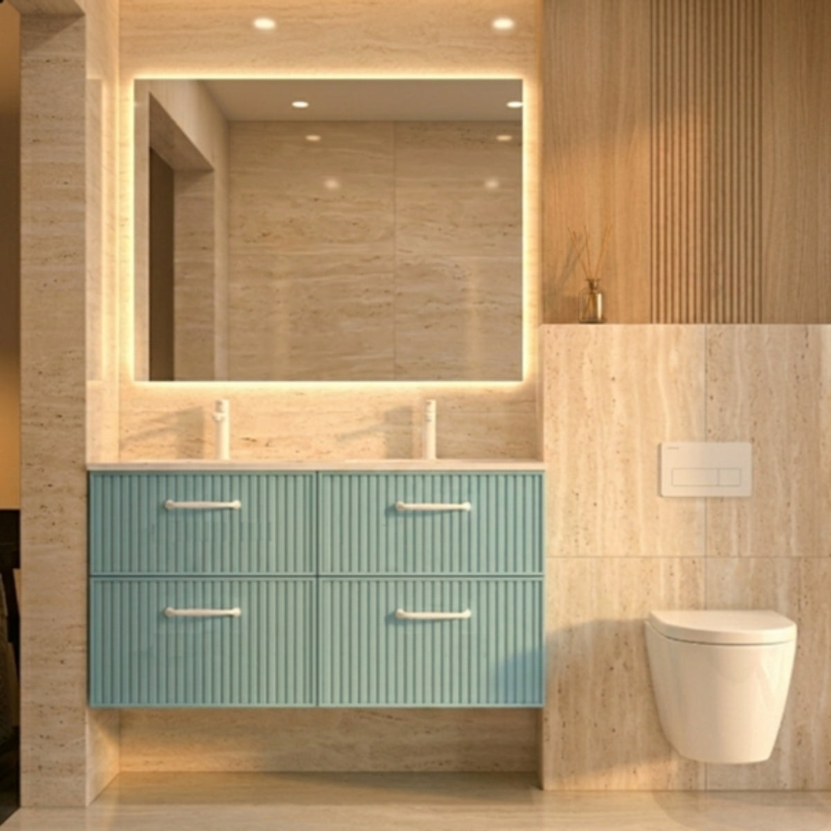 Mueble de baño 120 cm Avila Dos 4 cajones suspendidos con lavabo integrado de doble seno Colección Blanca color azul claro tiradores blancos Errefe Home