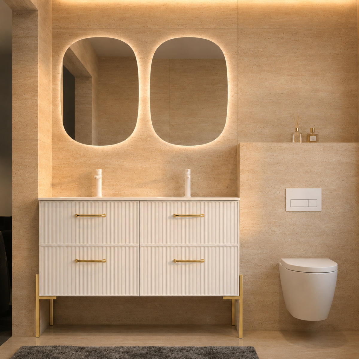 Mueble de baño 120 cm Avila Dos 4 cajones con Patas LUNGO con lavabo integrado de doble seno Colección Blanca color blanco tiradores dorados Errefe Home
