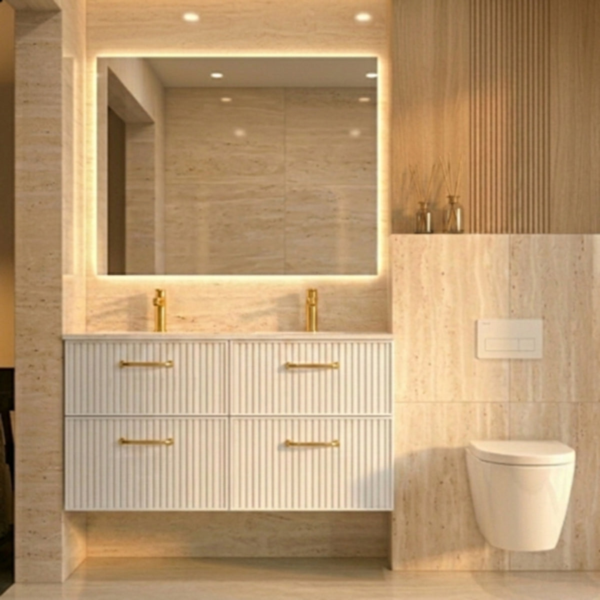 Mueble de baño 120 cm Avila Dos 4 cajones suspendidos con lavabo integrado de doble seno Colección Blanca color blanco tiradores dorados Errefe Home