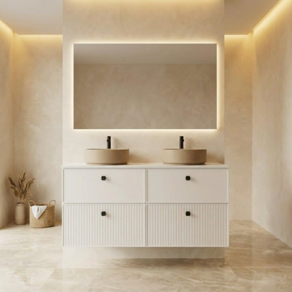 Mueble de baño 120 cm 4 cajones color blanco, 2 lavabos sobre encimera color K-NUDE Colección BLANCA. Avila Dos - Errefe Home 