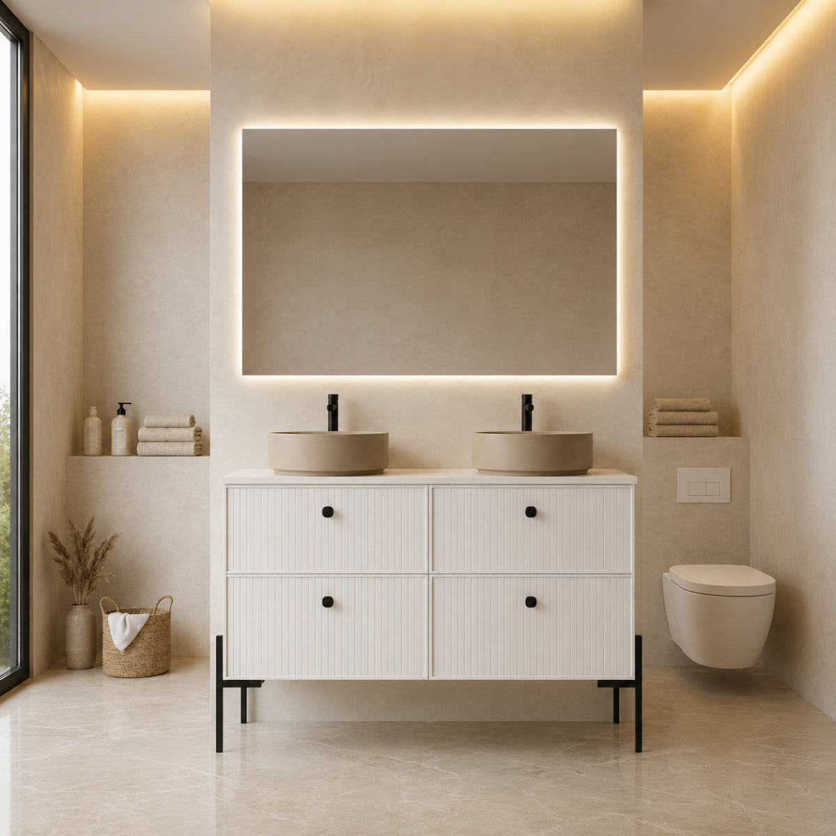 Mueble de baño 120 cm 4 cajones color cashemire, 2 lavabos sobre encimera color K-NUDE, Patas LUNGO negras. Colección BLANCA. Avila Dos - Errefe Home 