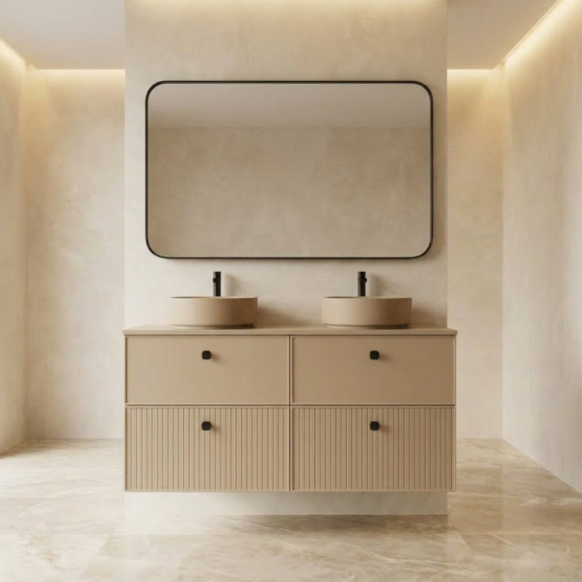 Mueble de baño 120 cm 4 cajones color cashemire, 2 lavabos sobre encimera color K-NUDE Colección BLANCA. Avila Dos - Errefe Home 