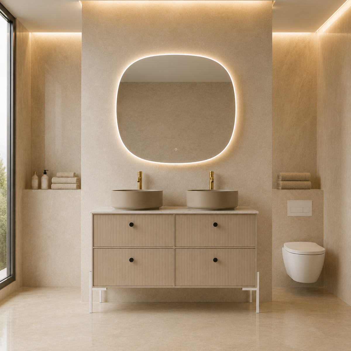 Mueble de baño 120 cm 4 cajones color cashemire, 2 lavabos sobre encimera color K-NUDE, Patas LUNGO. Colección BLANCA. Avila Dos - Errefe Home 
