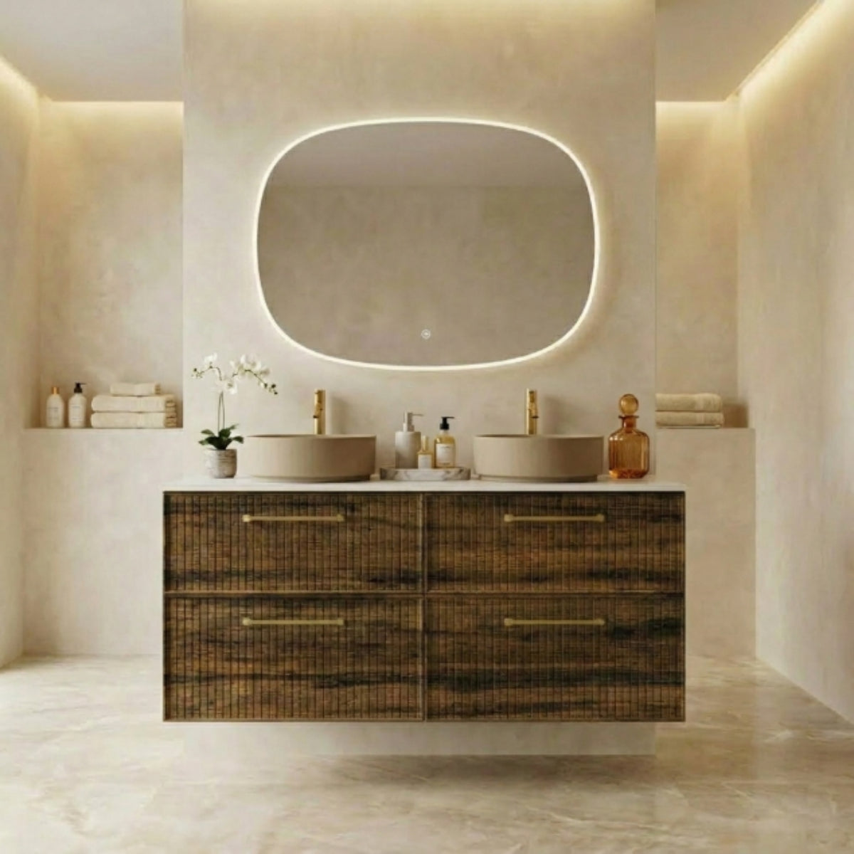 Mueble de baño 120 cm 4 cajones color madera, 2 lavabos sobre encimera color K-NUDE Colección BLANCA. Avila Dos - Errefe Home 