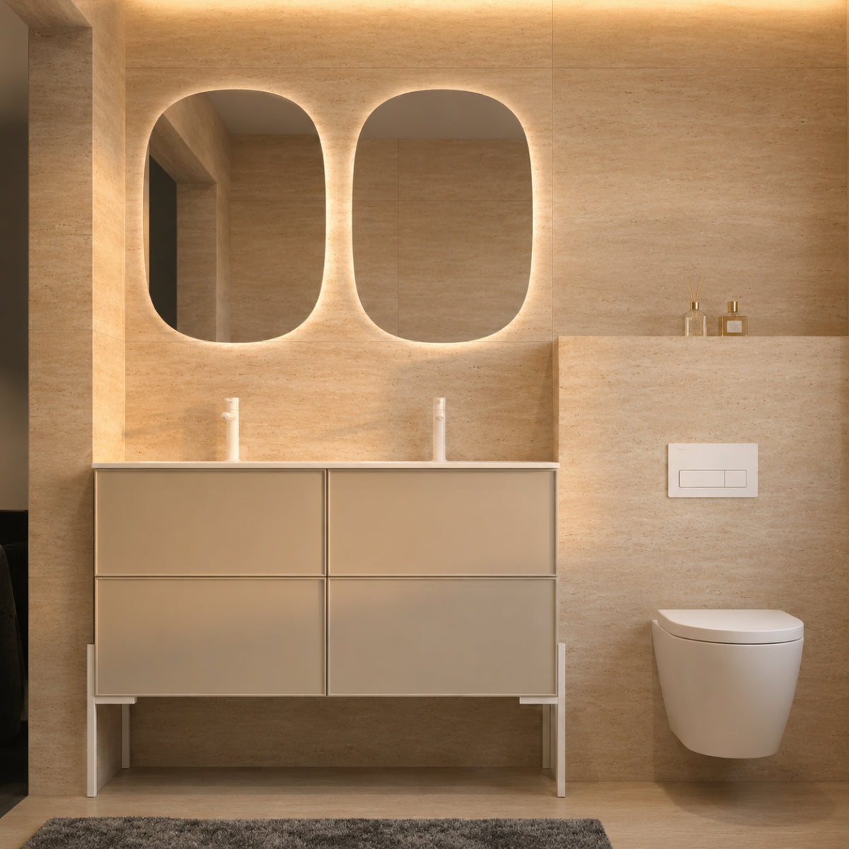 Mueble de baño 120 cm Avila Dos 4 cajones con Patas LUNGO con lavabo integrado de doble seno Colección Blanca color Cashemire tiradores blancos Errefe Home