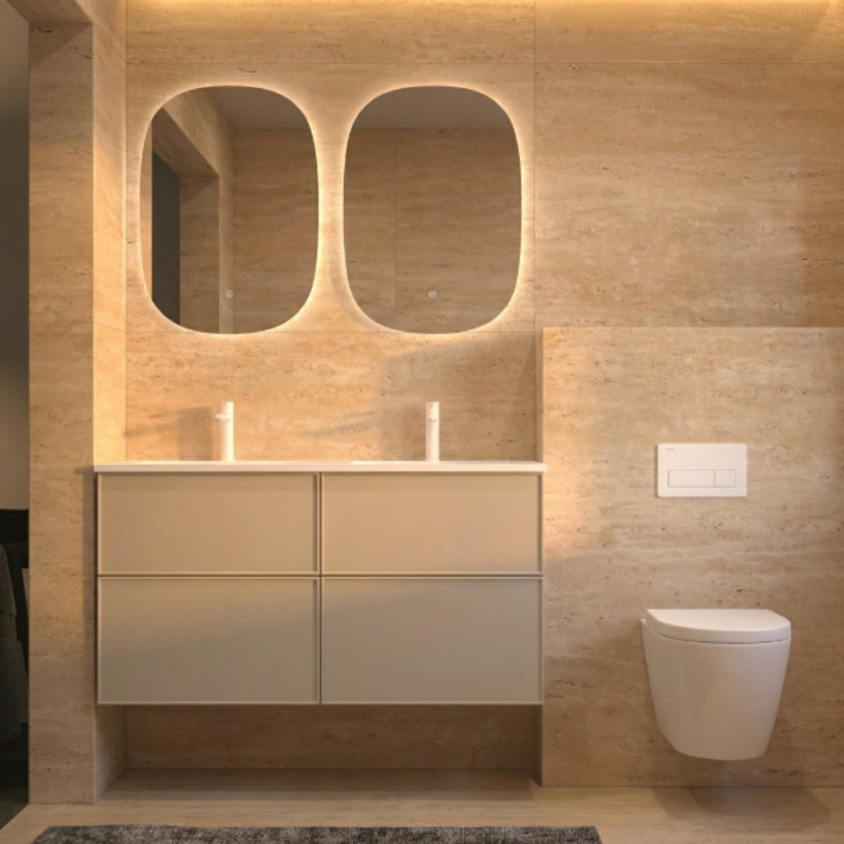Mueble de baño 120 cm Avila Dos 4 cajones suspendidos con lavabo integrado de doble seno Colección Blanca color CASHEMIRE tiradores blancos Errefe Home