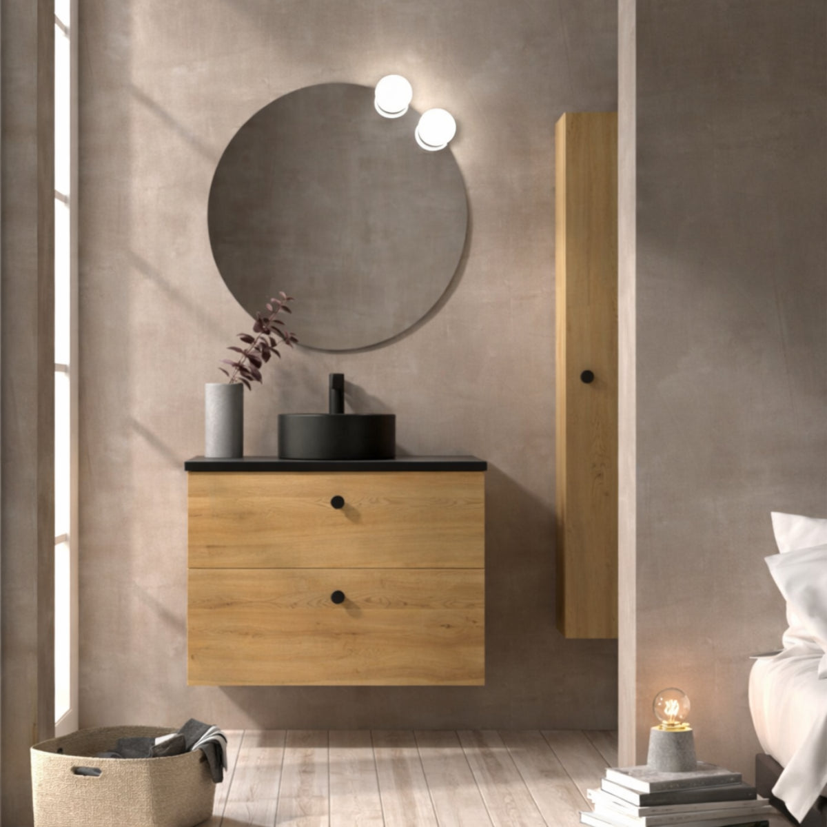 Mueble de baño Carmen 2 cajones suspendidos con lavabo círculo K negro sobre encimera Avila Dos Errefe Home