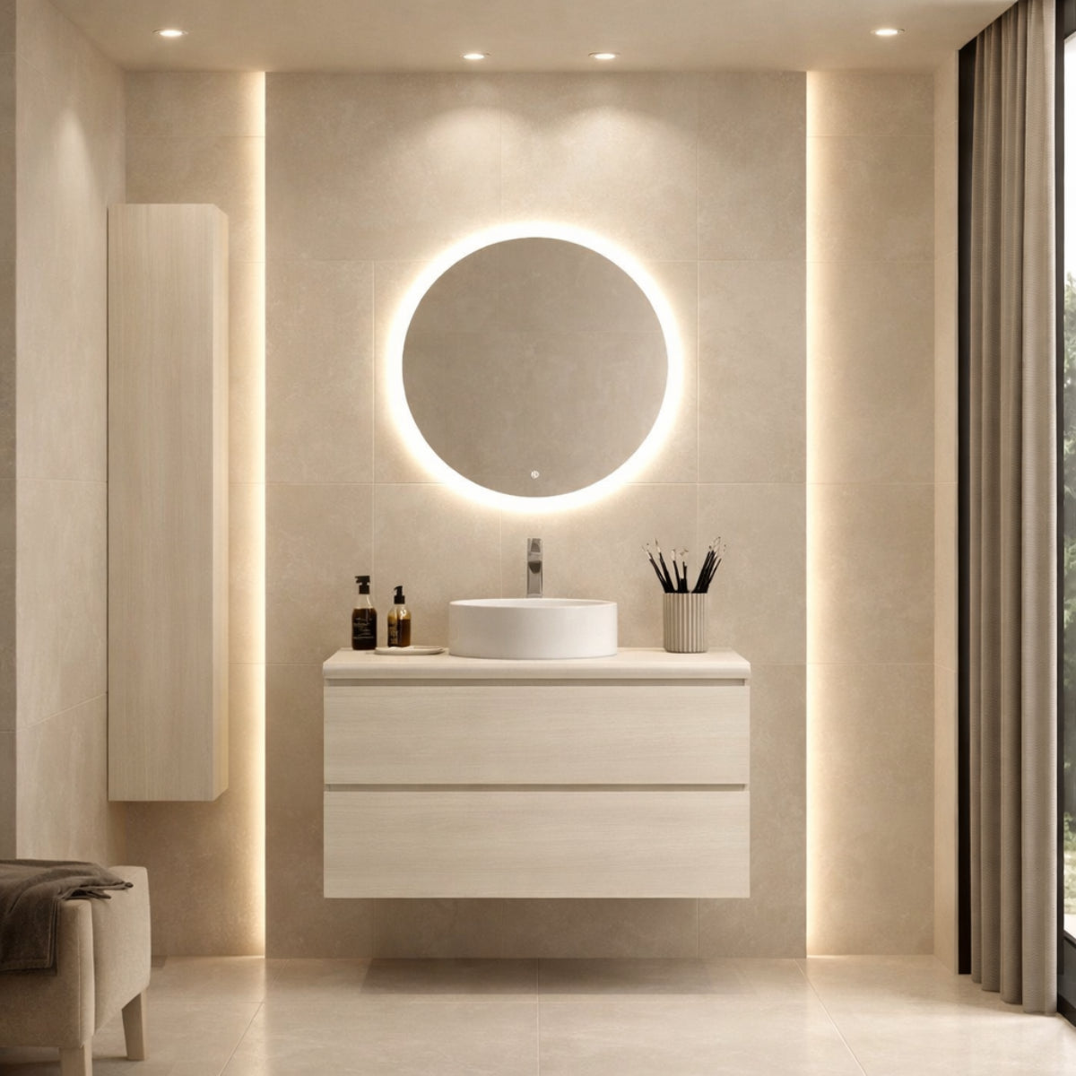 Mueble de baño colección Carmen lavabo circular blanco sobre encimera, 1 seno, 2 cajones suspendidos – Errefe Home